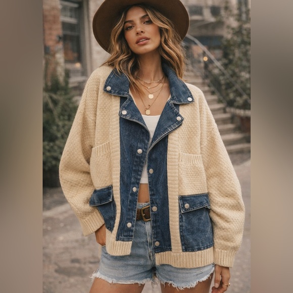 YURA Denim & Knit Mixed Media Oversized Cardigan Jacket Size S/M - Picture 2 of 9